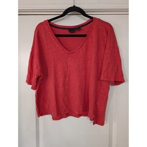 Tahari Linen V Neck Short Sleeve reddish Top Women's XL cropped boxy loose